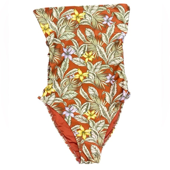 Aeropostale Tropical Floral One Piece Swimsuit Rust Yellow Side Cut Out Small - Picture 1 of 5
